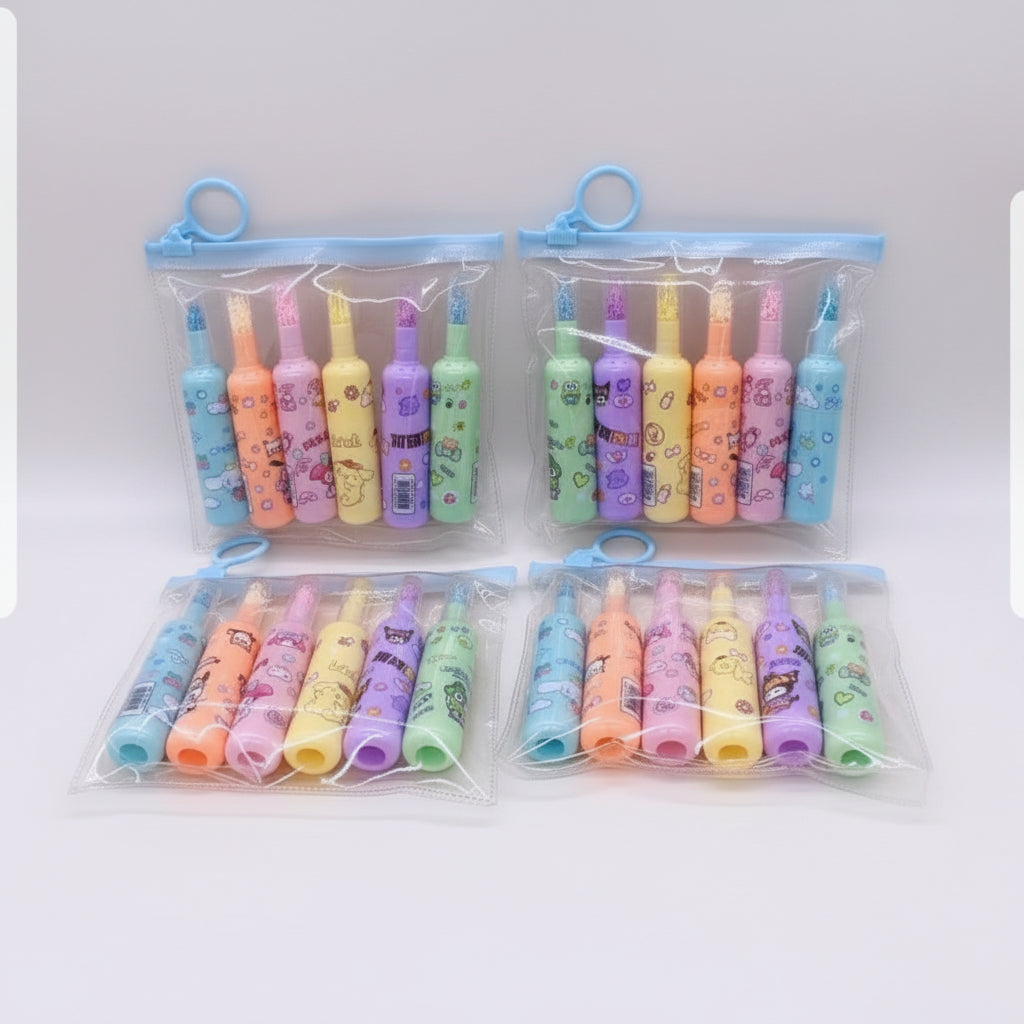 Pack of 6 Bottle Shaped Kromi Character Highlighters for Girls and Boys – Cute Stationery Set
