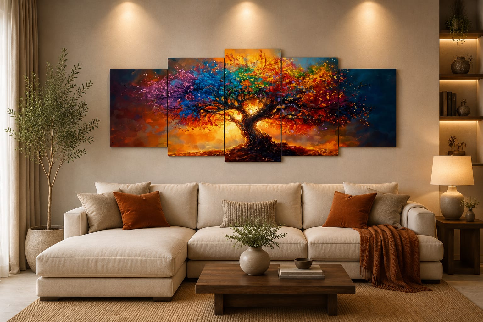 5-Piece Colorful Tree of Life Wall Art – Abstract Nature Wooden Sticky Tiles