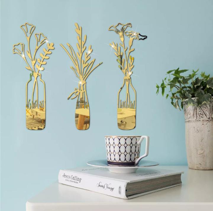 3 PCs Beautiful Acrylic Mirror Leaf Vase Wall Art Frame Modern Decorative Wall Frames for Living Room Bedroom