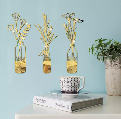 3 PCs Beautiful Acrylic Mirror Leaf Vase Wall Art Frame Modern Decorative Wall Frames for Living Room Bedroom