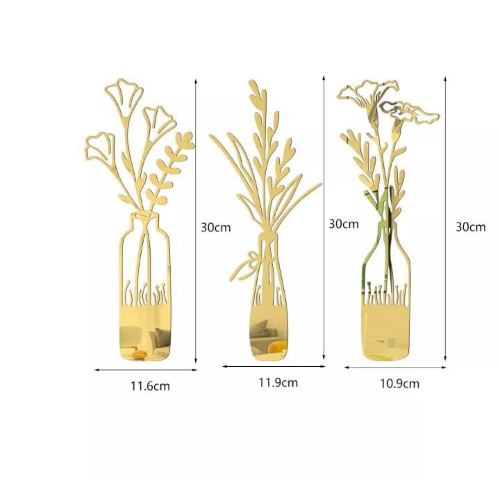 3 PCs Beautiful Acrylic Mirror Leaf Vase Wall Art Frame Modern Decorative Wall Frames for Living Room Bedroom